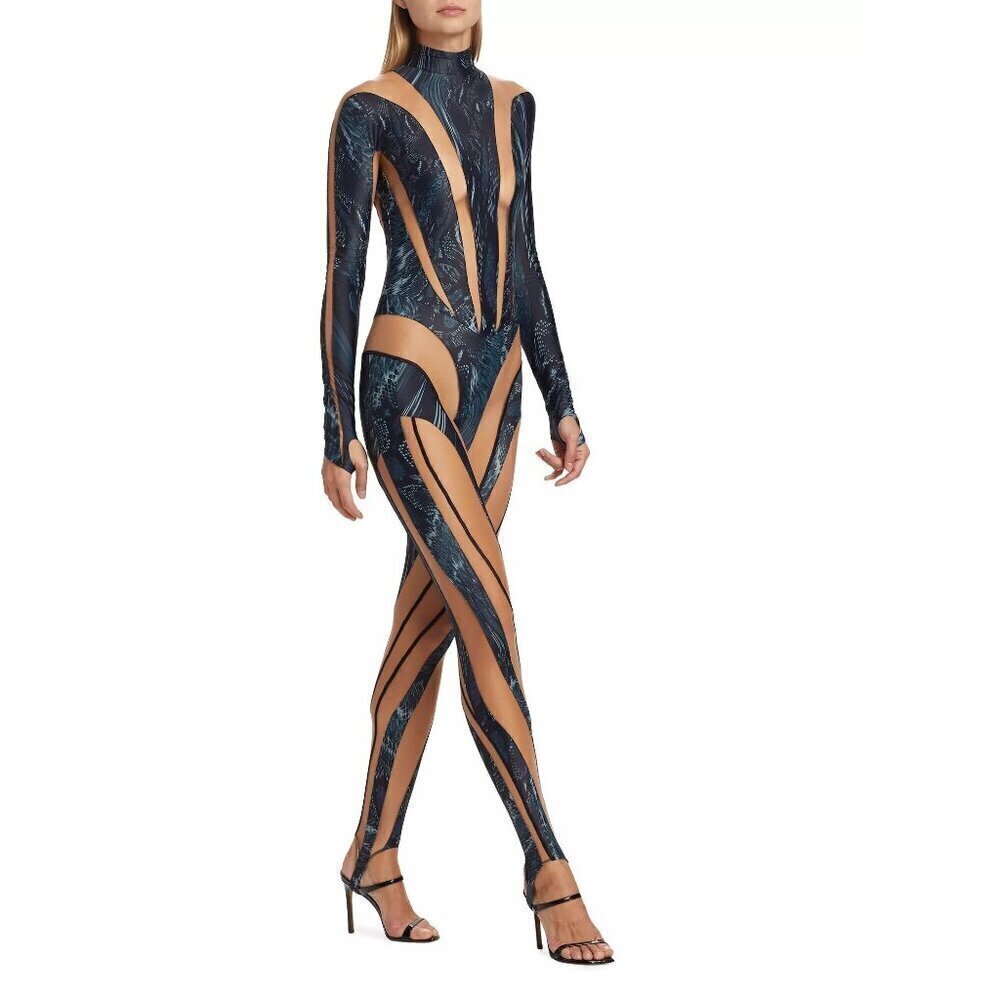 MUGLER Womens Long Sleeve Jumpsuit in Warped Snake Black Nude 34 New Catsuit - Picture 14 of 16